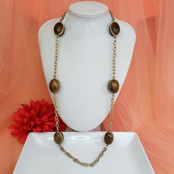 Baskin Brothers Brown Lucite Bead Statement Necklace 34" Long Gold Tone Chain - Picture 8 of 9